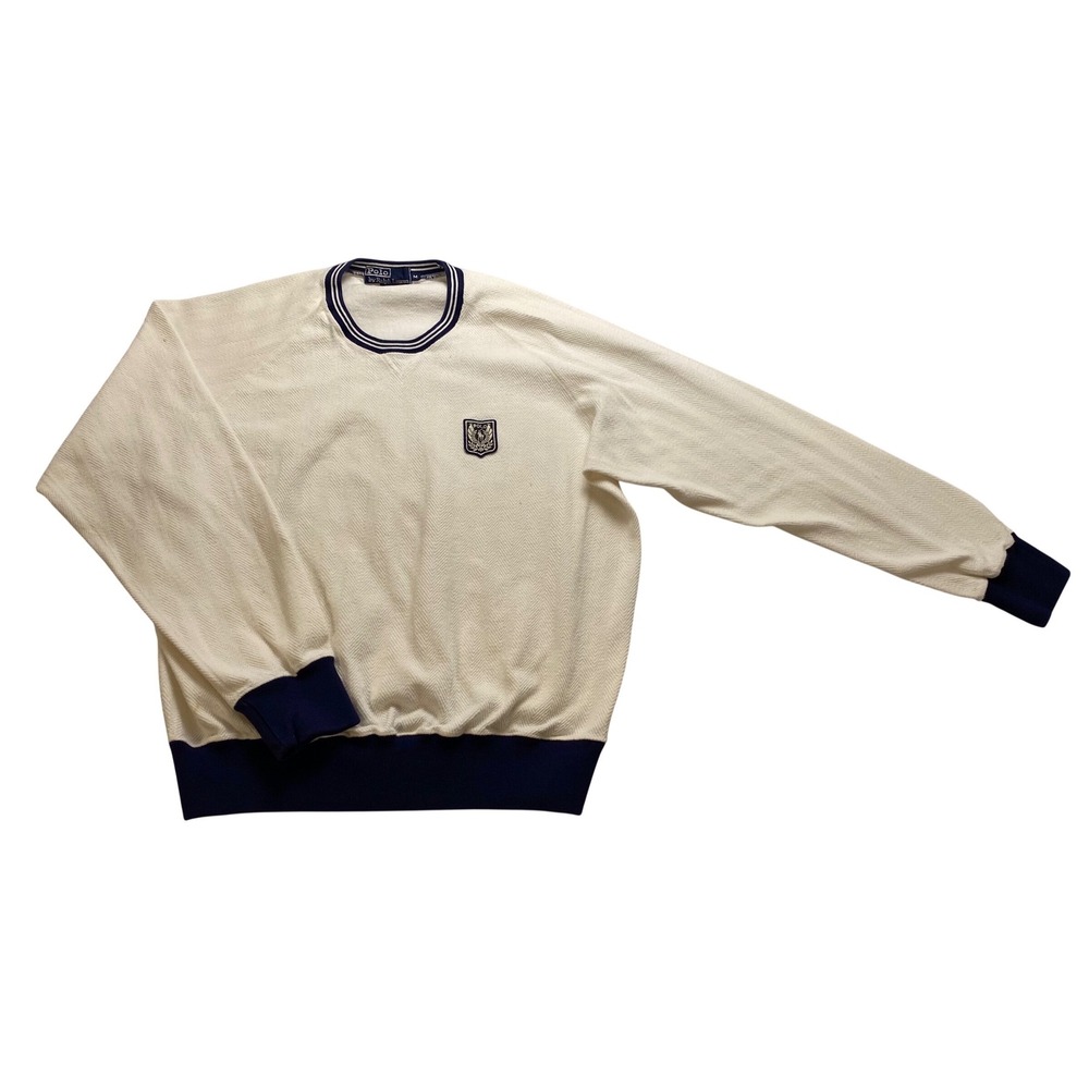 Polo Ralph Lauren Mens Vintage Herringbone Crest Sweatshirt Cream Navy Blue M